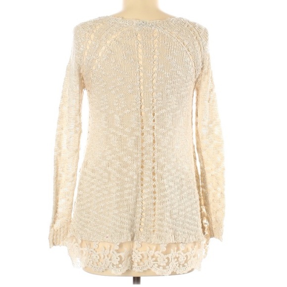 Maxumi size M ivory tan BOHO slubbed knit A-line lace bottom pullover sweater - Picture 2 of 13